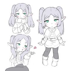 Rule 34 | 1girl, belt, belt buckle, blush stickers, buckle, capelet, child, closed mouth, elf, female focus, frieren, full body, green eyes, heart, highres, long hair, long sleeves, looking at viewer, monochrome, multiple views, pantyhose, pointy ears, portrait, qtkat, scarf, sidelocks, simple background, smile, sousou no frieren, spot color, standing, thighs, twintails, white background