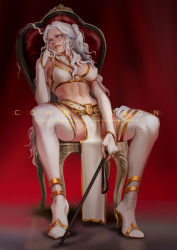 Rule 34 | 1girl, armchair, blue eyes, boots, borrowed character, breasts, chair, commission, detached collar, elbow gloves, fictional persona, fingerless gloves, fingernails, forehead, full body, gloves, gold footwear, high heel boots, high heels, holding, holding whip, lips, loincloth, long hair, looking at viewer, lyna deathshaow, medium breasts, navel, nose, original, riding crop, sitting, solo, stomach, thigh boots, thighhighs, toned, watermark, web address, white footwear, white hair