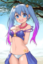 Rule 34 | 1girl, arcade sona, bad id, bad pixiv id, blue eyes, blue hair, blush, breasts, cleavage, collarbone, dduck kong, gradient hair, hand on own chest, highres, jewelry, league of legends, long hair, looking at viewer, medium breasts, multicolored hair, navel, necklace, open mouth, purple hair, signature, smile, solo, sona (league of legends), standing, twintails, two-tone hair
