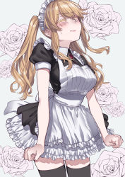 Rule 34 | 1girl, absurdres, alternate hairstyle, apron, black thighhighs, blonde hair, blush, breasts, brooch, clarice (idolmaster), clenched hand, closed eyes, closed mouth, collared shirt, commentary request, dress, embarrassed, flower, highres, idolmaster, idolmaster cinderella girls, jewelry, lips, long hair, maid, maid headdress, namiko817, puffy short sleeves, puffy sleeves, rose, shirt, short sleeves, sidelocks, solo, sweat, thighhighs, twintails, white apron, white background, white flower, white rose, zettai ryouiki