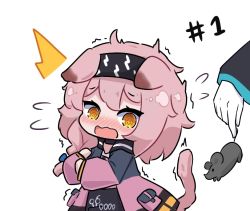 Rule 34 | 1girl, 1other, @ @, animal, animal ears, arknights, black hairband, blush, braid, cat ears, cat girl, cat tail, chibi, coat, commentary, doctor (arknights), english commentary, flying sweatdrops, gloves, goldenglow (arknights), hairband, holding, holding animal, kurotofu, lightning bolt print, long hair, long sleeves, motion lines, mouse (animal), nose blush, open clothes, open coat, open mouth, orange eyes, pink coat, pink hair, scared, scissors, side braid, simple background, solo focus, tail, tearing up, tears, trembling, white background, white gloves