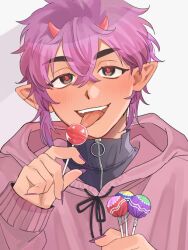 Rule 34 | 1boy, 41301nohi, black eyes, candy, demon, demon boy, demon horns, fangs, fingernails, food, hair between eyes, happy, holding, holding candy, holding food, holding lollipop, hood, hood down, hoodie, horns, lollipop, looking at viewer, male focus, morvay (nu carnival), nu carnival, open mouth, pointy ears, purple hair, red pupils, sharp fingernails, short hair, sidelocks, smile, teeth, tongue, tongue out, turtleneck, upper body, upper teeth only, white background