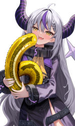 Rule 34 | 1girl, :d, absurdres, ahoge, ascot, blush, cheek press, collar, demon horns, dress, dubeaduver, fang, grey hair, highres, holding, hololive, horns, la+ darknesss, long hair, long sleeves, looking at viewer, metal collar, multicolored hair, open mouth, pointy ears, purple dress, purple hair, simple background, skin fang, smile, solo, standing, streaked hair, very long hair, virtual youtuber, white background, yellow ascot