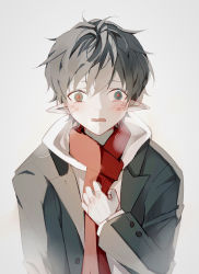 Rule 34 | 1boy, arknights, bishounen, black hair, blush, coat, collared shirt, faust (arknights), highres, kimven (wenzisama), male focus, open mouth, pointy ears, red scarf, scarf, shirt, short hair, simple background, solo, steam, tearing up, tears, upper body, white background