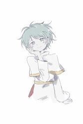 Rule 34 | 1girl, belt, capelet, closed mouth, colored skin, cowboy shot, gold trim, green eyes, green hair, hand on own cheek, hand on own face, isoi rai, long sleeves, looking at viewer, saibou shinkyoku, shirt, short hair, simple background, smile, sunoom17, white background, white capelet, white shirt, white skin, yellow belt