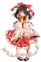 Rule 34 | 1girl, alphes (style), ascot, bandaid, black eyes, black hair, bow, broken, broken weapon, crossed bandaids, dairi, detached sleeves, dress, full body, gohei, hair bow, hair tubes, hakurei reimu, long sleeves, looking at viewer, one eye closed, open mouth, parody, pigeon-toed, red dress, solo, style parody, tears, torn clothes, torn sleeves, touhou, transparent background, weapon, wide sleeves, wink