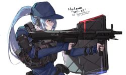 Rule 34 | 1girl, arm guards, arm shield, artist name, ballistic shield, belt, blue eyes, blue hair, blue headwear, blue sweater, breasts, bullpup, character name, double-barreled shotgun, dp-12 (girls&#039; frontline), expressionless, girls&#039; frontline, gun, headset, holding, holding gun, holding weapon, large breasts, load bearing vest, long hair, looking afar, multicolored hair, multiple-barrel firearm, pandea work, ponytail, pouch, pump-action shotgun, pump action, ribbed sweater, shield, shotgun, side-by-side-barreled shotgun, sidelocks, solo, standard manufacturing dp-12, sweater, turtleneck, turtleneck sweater, vertical forward grip, weapon, white background, white hair, white sweater