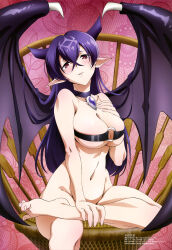 Rule 34 | 1girl, absurdres, bandeau, black bandeau, blush, bottomless, breasts, chair, choker, cleavage, demon girl, demon horns, demon wings, eiyuu kyoushitsu, hand on own chest, highres, horns, large breasts, long hair, looking at viewer, magazine scan, mao (eiyuu kyoushitsu), megami magazine, navel, official art, on chair, pointy ears, purple hair, scan, sitting, underboob, very long hair, wings