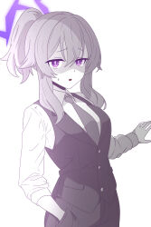 Rule 34 | 1girl, absurdres, blue archive, collared shirt, formal, hair between eyes, halo, hand in pocket, haruka (blue archive), haruka (suit) (blue archive), high ponytail, highres, long sleeves, looking at viewer, necktie, open mouth, purple eyes, purple halo, samess 333, shirt, simple background, slit pupils, solo, spot color, suit, vest, white background