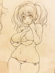 Rule 34 | :p, bikini, breasts, cleavage, cowboy shot, front-tie bikini top, front-tie top, headphones, highres, huge breasts, looking at viewer, navel, nitroplus, plump, short twintails, side-tie bikini bottom, sketch, smile, solo, super pochaco, sweat, swimsuit, tongue, tongue out, traditional media, tsuji santa, twintails