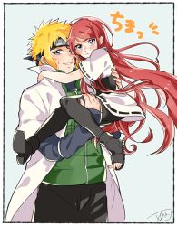 Rule 34 | 1boy, 1girl, aged down, awarinko, blonde hair, blue eyes, blush, carrying, closed mouth, collared cape, commentary request, forehead protector, highres, long hair, long sleeves, looking at viewer, namikaze minato, naruto, naruto (series), one eye closed, pout, princess carry, red hair, ribbon-trimmed sleeves, ribbon trim, short sleeves, sidelocks, sweatdrop, toeless footwear, uzumaki kushina