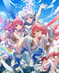 3girls :o absurdres ahoge amane_kanata blue_sky boots brooch candy city day dress feathers floating flower food gloves gold_trim green_eyes hair_between_eyes heterochromia high_heels highres himemori_luna hololive jewelry long_hair long_sleeves looking_at_viewer magical_girl mahou_shoujo_holowitch! meiro_okuda multiple_girls official_alternate_costume open_mouth outdoors pink_hair purple_eyes sakura_miko short_dress sky sleeveless sleeveless_dress smile star_(symbol) thigh_boots thighhighs triangle_mouth twitter_username virtual_youtuber white_dress white_gloves wide_sleeves