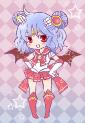 Rule 34 | 1girl, alternate costume, alternate hairstyle, bat wings, bishoujo senshi sailor moon, blue hair, boots, bow, checkered background, cosplay, crescent, double bun, elbow gloves, female focus, gloves, knee boots, magical girl, mucco, red bow, red eyes, remilia scarlet, sailor moon, sailor moon (cosplay), solo, star (symbol), touhou, white gloves, wings