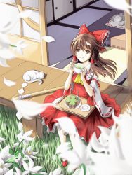 Rule 34 | 1girl, absurdres, ascot, bei ju luoxuan wan, blurry, bow, brown eyes, brown hair, cake, cat, cup, depth of field, detached sleeves, flower, food, fork, from above, gohei, grass, green tea, hair bow, hair tubes, hakurei reimu, highres, light smile, lily (flower), looking up, mary janes, outdoors, petals, plate, porch, red footwear, ribbon-trimmed sleeves, ribbon trim, shoes, sitting, solo, tea, teacup, teapot, touhou, tray, white cat
