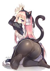 Rule 34 | 1girl, animal ears, artist name, ass, black pantyhose, blush, cat ears, cat tail, character request, copyright request, dated, feet, hair ribbon, juliet sleeves, long hair, long sleeves, looking at viewer, looking back, maid, no shoes, open mouth, panties, panties under pantyhose, pantyhose, pink hair, puffy sleeves, purple eyes, ribbon, riv (rivleaf), signature, simple background, solo, tail, teardrop, tears, thighband pantyhose, trefoil, underwear, white background