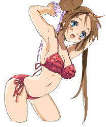 Rule 34 | 1girl, adjusting hair, ankea (a-ramo-do), arched back, armpits, arms up, bare shoulders, bikini, blue eyes, blush, breasts, brown hair, cleavage, collarbone, creatures (company), cropped legs, double bun, female focus, game freak, hair bun, hair tie, highres, leaning forward, long hair, looking at viewer, medium breasts, navel, nintendo, open mouth, pokemon, pokemon bw2, red bikini, rosa (pokemon), side-tie bikini bottom, simple background, smile, solo, standing, swimsuit, twintails, white background