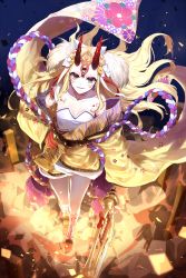 Rule 34 | 1girl, bare shoulders, blonde hair, claws, collarbone, fate/grand order, fate (series), female focus, fire, holding, holding sword, holding weapon, horns, ibaraki douji (fate), japanese clothes, kimono, long hair, looking at viewer, monster girl, off shoulder, oni, oni horns, short kimono, solo, sword, tattoo, weapon, wide sleeves, wonhml, yellow eyes, yellow kimono