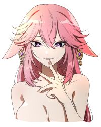 Rule 34 | 1girl, animal ears, breasts, cropped torso, earrings, eyelashes, fox ears, genshin impact, hair between eyes, highres, jewelry, large breasts, long hair, looking at viewer, nude, parted lips, pillosopi, pink hair, pink nails, purple eyes, simple background, solo, upper body, white background, yae miko