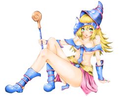 Rule 34 | 1girl, absurdres, arm support, bad id, bad pixiv id, bare shoulders, blonde hair, blue footwear, blush, breasts, closed mouth, collarbone, dark magician girl, full body, green eyes, hair between eyes, hat, highres, holding, holding wand, large breasts, long hair, looking at viewer, nakano maru, outstretched arm, pentacle, simple background, sitting, skirt, solo, tongue, tongue out, wand, white background, wizard hat, yu-gi-oh!
