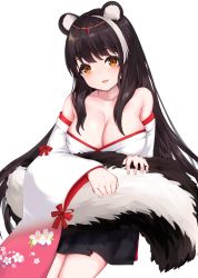 Rule 34 | 1girl, animal ear fluff, animal ears, azur lane, bare shoulders, black hair, blush, breasts, floral print, hair between eyes, hair ornament, highres, holding tail, irato at, japanese clothes, kimono, large breasts, long hair, long sleeves, long tail, looking at viewer, multicolored hair, naganami (azur lane), off shoulder, open mouth, simple background, skunk ears, skunk girl, skunk tail, smile, solo, tail, white background, white hair, white kimono, wide sleeves