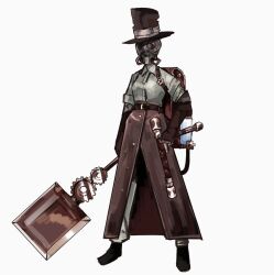 Rule 34 | 1girl, backpack, bag, belt, black footwear, brown bag, brown belt, brown hat, brown skirt, full body, gears, hat, helmet, holding, holding weapon, library of ruina, long skirt, madotsuki ren, project moon, shoes, skirt, solo, steampunk, top hat, weapon, yae (project moon)