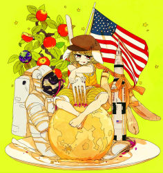 Rule 34 | 1girl, american flag, animal ears, apple, apple tree, bad id, bad pixiv id, barefoot, blonde hair, blood, brown hat, cake, earth (planet), feet together, flag, floppy ears, food, fruit, hat, highres, jpeg artifacts, knees apart feet together, looking at viewer, moon, nail polish, orange shirt, oversized object, pink nails, planet, plate, rabbit ears, red eyes, ribbon, ringo (touhou), rocket, shimana (cs-ts-az), shirt, short sleeves, shorts, sitting, solo, spacesuit, star (symbol), striped clothes, striped shorts, tongue, tongue out, touhou, tree, vertical-striped clothes, vertical-striped shorts, yellow background, yellow shorts