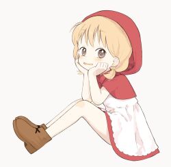 Rule 34 | 1girl, akazukin chacha, bare legs, blonde hair, blush, boots, brown footwear, brown hair, chacha (akazukin chacha), child, cloak, commentary request, dress, from side, full body, hair tie, hands on own cheeks, hands on own face, hands up, highres, hood, hood up, hooded cloak, knees up, looking at viewer, nanoningen (anapoko), open mouth, red cloak, short dress, short hair, short twintails, simple background, sitting, solo, twintails, white background, white dress