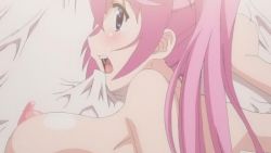 Rule 34 | 10s, 1girl, animated, animated gif, blue eyes, blush, bouncing breasts, breasts, from behind, implied sex, large breasts, long hair, looking at viewer, looking back, nipples, nude, open mouth, otome dori, pink hair, ponytail, sakuragi otome, screencap, sheet bite