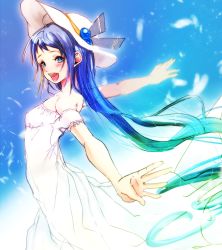 Rule 34 | 10s, 1girl, alternate costume, blue eyes, blue hair, dress, gradient hair, hat, kantai collection, long hair, magai akashi, matching hair/eyes, multicolored hair, open mouth, outstretched arms, samidare (kancolle), smile, solo, spread arms, sun hat, sundress, swept bangs, very long hair, white dress
