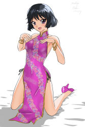 Rule 34 | 1girl, alternate costume, artist name, black hair, bracelet, breasts, china dress, chinese clothes, closed mouth, commentary, covered navel, dated, dress, floral print, full body, girls und panzer, hands on own chest, head tilt, high heels, jewelry, kneeling, legs, long dress, looking at viewer, matsui yasutsugu, medium breasts, one-hour drawing challenge, panties, print dress, purple eyes, purple footwear, shadow, short hair, side-tie panties, side-tie peek, side slit, signature, sleeveless, sleeveless dress, smile, solo, underwear, utsugi yuuki, white background
