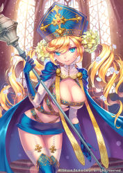 Rule 34 | 1girl, blonde hair, breasts, cape, cleavage, drill hair, flower, garter straps, hair flower, hair ornament, hat, high priest anastasia, large breasts, looking at viewer, microskirt, midgard war chronicles, midriff, mitre, navel, nishimura eri, original, shiny skin, skirt, smile, staff, thigh gap, thighhighs, twin drills, white thighhighs, window