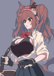 Rule 34 | 1girl, :o, absurdres, alternate costume, angelina (arknights), animal ears, arknights, bag, black gloves, black skirt, black sports bra, blush, bow, bowtie, breasts, brown hair, cleavage, collar, cowboy shot, fox ears, fox girl, fox tail, gloves, grey background, hairband, headgear, highres, infection monitor (arknights), large breasts, long hair, long sleeves, looking down, open clothes, open mouth, open shirt, pleated skirt, red bow, red bowtie, red eyes, red hairband, sajimaririri, school uniform, see-through, shirt, shoulder bag, simple background, skirt, solo, sports bra, tail, twintails, white shirt