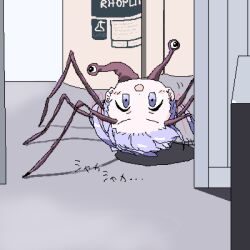 Rule 34 | 1girl, blush, commentary request, crawling, doorway, extra eyes, forehead, indoors, john carpenters the thing, lokulo-chan (lokulo no mawashimono), lokulo no mawashimono, looking at viewer, low twintails, lowres, open mouth, original, parody, purple eyes, purple hair, severed head, smile, solo, tank (container), the thing, translation request, twintails, upside-down, v-shaped eyebrows, what