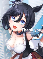 Rule 34 | 1girl, animal ears, black hair, blue eyes, blurry, blurry background, blush, breasts, building, bus, cleavage, cleavage cutout, clothing cutout, commentary request, eishin flash (umamusume), from above, german clothes, giant, giantess, highres, holding, horse ears, horse girl, large breasts, looking at viewer, motor vehicle, off shoulder, open mouth, partial commentary, sani (saaanii), smile, solo, umamusume
