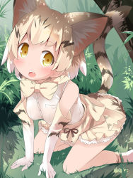 Rule 34 | 10s, 1girl, animal ears, bare shoulders, blonde hair, bow, bowtie, cat ears, cat tail, elbow gloves, extra ears, fang, full body, gloves, grass, highres, kemono friends, looking at viewer, makuran, nature, open mouth, outdoors, sand cat (kemono friends), shirt, short hair, skirt, sleeveless, sleeveless shirt, solo, striped tail, tail, teeth, yellow eyes