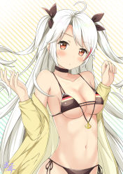 Rule 34 | 1girl, :o, ahoge, azur lane, bare shoulders, bikini, black bikini, black neckwear, black ribbon, blush, breasts, choker, cleavage, collarbone, flag print, german flag, german flag bikini, hair ribbon, jacket, long hair, long sleeves, looking at viewer, medium breasts, mikoillust, mole, mole on breast, multicolored hair, navel, off shoulder, open clothes, open jacket, parted lips, prinz eugen (azur lane), prinz eugen (unfading smile) (azur lane), red eyes, red hair, ribbon, side-tie bikini bottom, signature, silver hair, solo, stomach, streaked hair, striped, striped background, swept bangs, swimsuit, tareme, two side up, underboob, upper body, very long hair, yellow jacket