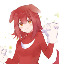 Rule 34 | 1girl, :3, animal ears, blush, brown hair, clenched hands, cosplay, dog ears, dog girl, fukahire (ruinon), gloves, highres, hololive, inugami korone, knuckles the echidna, knuckles the echidna (cosplay), red hair, smile, solo, sonic (series), spikes, v-shaped eyebrows, virtual youtuber, white background, white gloves