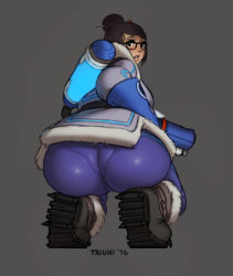 Rule 34 | 1girl, artist name, ass, beads, boots, breasts, brown eyes, brown hair, from behind, full body, glasses, grey background, hair bun, hair ornament, hair stick, huge ass, large breasts, looking at viewer, looking back, mei (overwatch), overwatch, overwatch 1, pantylines, parted lips, plump, simple background, single hair bun, snow boots, solo, squatting, triuni