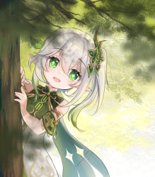 Rule 34 | 1girl, :d, blurry, cape, commentary request, depth of field, detached sleeves, dress, forest, genshin impact, gradient hair, green eyes, hair ornament, long hair, looking at viewer, multicolored hair, nahida (genshin impact), nature, open mouth, peeking out, pointy ears, short sleeves, side ponytail, sidelocks, smile, solo, symbol-shaped pupils, tree, white dress, white hair, yoli-chan