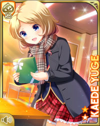 Rule 34 | 1girl, black coat, blonde hair, blue eyes, blue jacket, card, character name, classroom, coat, day, excited, girlfriend (kari), indoors, jacket, necktie, official art, open mouth, plaid, plaid skirt, qp:flapper, red necktie, red skirt, scarf, school uniform, shirt, skirt, smile, solo, sunset, tagme, white shirt, yuge kaede