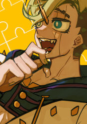 Rule 34 | 1boy, blue eyes, facial mark, fangs, green hair, hair ornament, hairpin, hand on own chin, higashikata jobin, highres, hood, hoodie, jojo no kimyou na bouken, jojolion, male focus, open mouth, puzzle piece, smile, solo, swampland, yellow background