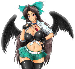Rule 34 | 1girl, belt, black gloves, black hair, black thighhighs, black wings, bow, breasts, choker, cleavage, collarbone, collared shirt, contrapposto, curvy, feathered wings, fingerless gloves, front-tie top, gloves, green skirt, hair bow, hand on own hip, jewelry, large breasts, long hair, microskirt, midriff, navel, necklace, pleated skirt, red eyes, reiuji utsuho, shirt, skirt, sleeves rolled up, smile, solo, standing, tasuro kuzuha, thighhighs, tied shirt, touhou, very long hair, white shirt, wings