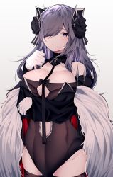 Rule 34 | 1girl, absurdres, august von parseval (azur lane), azur lane, black horns, blue hair, breasts, cape, cleavage, cross, gloves, gradient background, grey background, hair over one eye, highres, horns, iron cross, large breasts, long hair, looking at viewer, purple eyes, samip, solo, thighs, white gloves