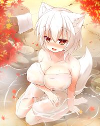 Rule 34 | 1girl, :d, alternate costume, animal ears, autumn leaves, bad id, bad pixiv id, bare shoulders, blush, breasts, bucket, cleavage, collarbone, covered erect nipples, hajime (ak-r), heart, inubashiri momiji, large breasts, leaf, looking at viewer, maple leaf, naked towel, naughty face, no headwear, nose blush, onsen, open mouth, partially submerged, red eyes, ripples, short hair, smile, solo, touhou, towel, white hair, white towel, wolf ears