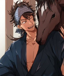 Rule 34 | 1boy, 5 (femfamme), animal, bandaged arm, bandages, bandana, brown eyes, brown hair, collarbone, commentary request, hand on another&#039;s head, horse, japanese clothes, kimono, long hair, male focus, mutsu-no-kami yoshiyuki, one eye closed, open clothes, open mouth, ponytail, seigaiha, smile, solo, touken ranbu, unmoving pattern, upper body, yukata