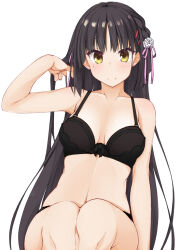 Rule 34 | 1girl, adjusting hair, arm at side, bare arms, black bra, black hair, blunt ends, blush, bra, braid, breasts, breasts apart, cafe stella to shinigami no chou, closed mouth, collarbone, commentary request, cowboy shot, curvy, earrings, eyelashes, flower, frilled bra, frills, hair between eyes, hair flower, hair ornament, hair ribbon, hairclip, hand up, hinata masaki, jewelry, legs together, long hair, looking at viewer, medium breasts, midriff, mole, mole under eye, navel, panties, pink ribbon, ribbon, rose, shiki natsume, side braid, simple background, sitting, skindentation, smile, solo, stomach, straight hair, stud earrings, underwear, very long hair, white background, white flower, white rose, yellow eyes