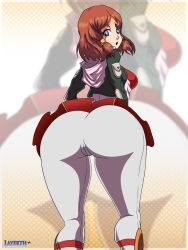 Rule 34 | 1girl, ass, blue eyes, breasts, huge ass, large breasts, layerth, looking back, open mouth, red hair, rose (tales), tales of (series), tales of zestiria, wide hips