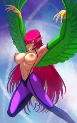 Rule 34 | 1girl, armpits, arms up, breasts, duel monster, feathered wings, feathers, green eyes, green feathers, hackanvas, hair between eyes, harpie lady, harpie lady 1, harpy, highres, large breasts, long hair, monster girl, navel, nipples, pointy ears, purple legwear, red hair, shadow, smile, solo, talons, tongue, tongue out, very long hair, winged arms, wings, yu-gi-oh!