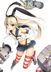 Rule 34 | 10s, 1girl, bare shoulders, black panties, blonde hair, blush, brown eyes, crop top, elbow gloves, gloves, hair ribbon, highleg, highleg panties, highres, kantai collection, long hair, looking at viewer, miniskirt, navel, open mouth, panties, rensouhou-chan, ribbon, shimakaze (kancolle), simple background, skirt, solo, striped clothes, striped thighhighs, thighhighs, ts422, underwear, white gloves