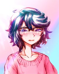 Rule 34 | 1girl, aygoftenover, black hair, blush, collarbone, commentary request, crying, glasses, half-closed eyes, light, looking at viewer, momijiyama teru, multicolored background, open mouth, pink sweater, semi-rimless eyewear, short hair, shy (series), solo, sweater, tears, upper body